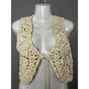 Express Sweater Vest Womens Medium Beige Crochet Open Knit Tie Front Boho